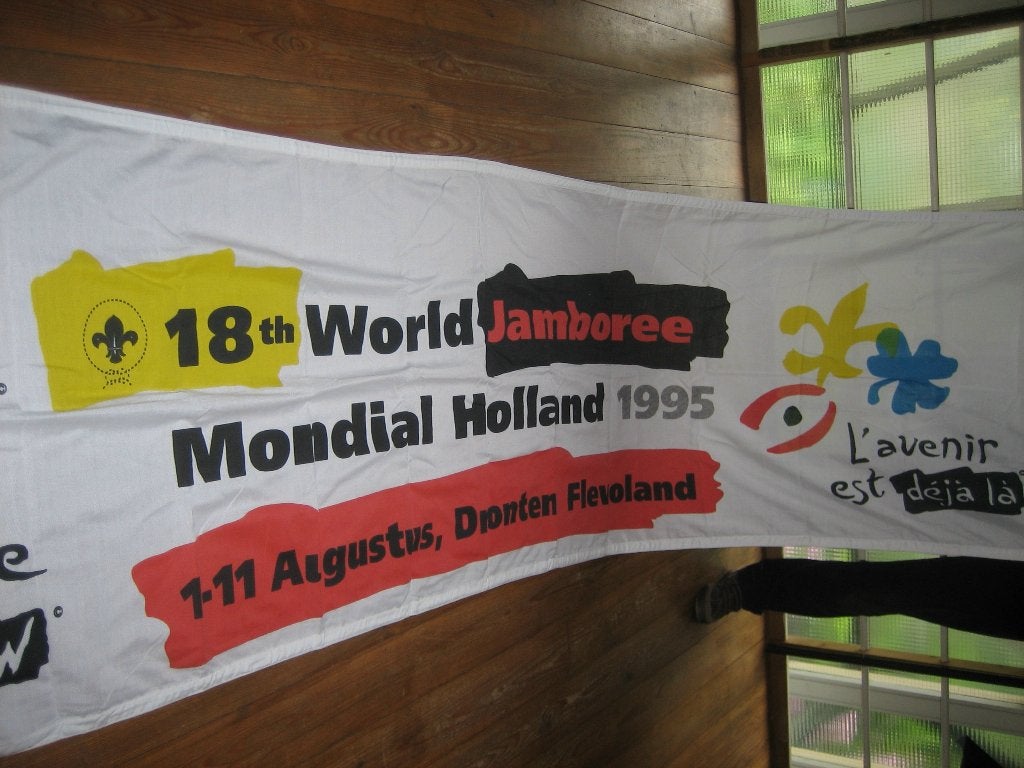 scouting Wereld Jamboree 1995 Groot Spandoek Future is Now, Ophalen of Verzenden, Gebruikt, Embleem, Speld of Insigne