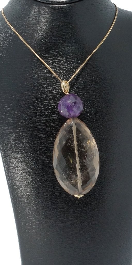 Zeer grote amethist rookkwarts 14k ketting hanger goud dames, Voordeelsieraden, Verzenden, Zo goed als nieuw, Met edelsteen