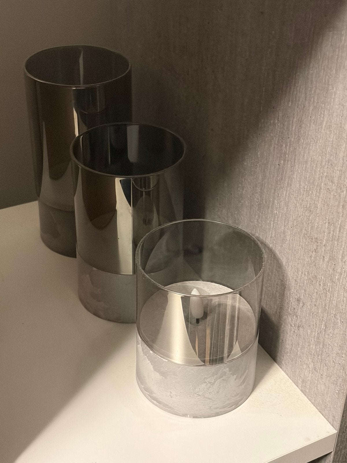 Luxe set van 3 windlichten met LED batterijkaarsen, Ophalen of Verzenden, Zo goed als nieuw