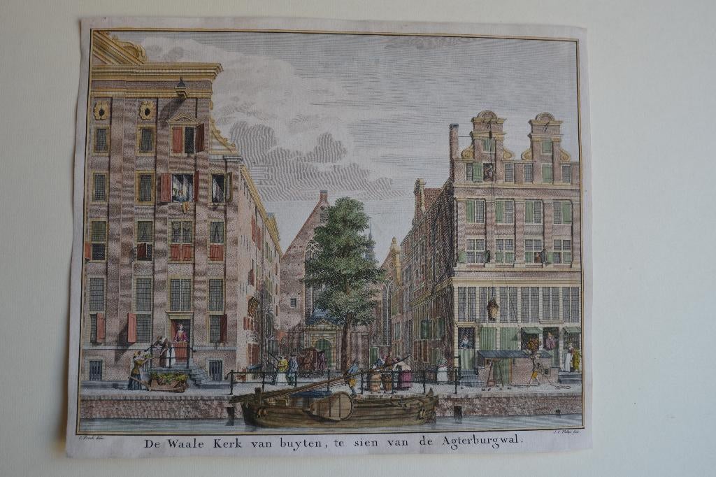 AMSTERDAM WALENPLEINTJE WAALSEKERK OZ ACHTERBURGWAL 1736 E26, Antiek en Kunst, Kunst | Etsen en Gravures, 22 cm, Verzenden, Stadsgezicht