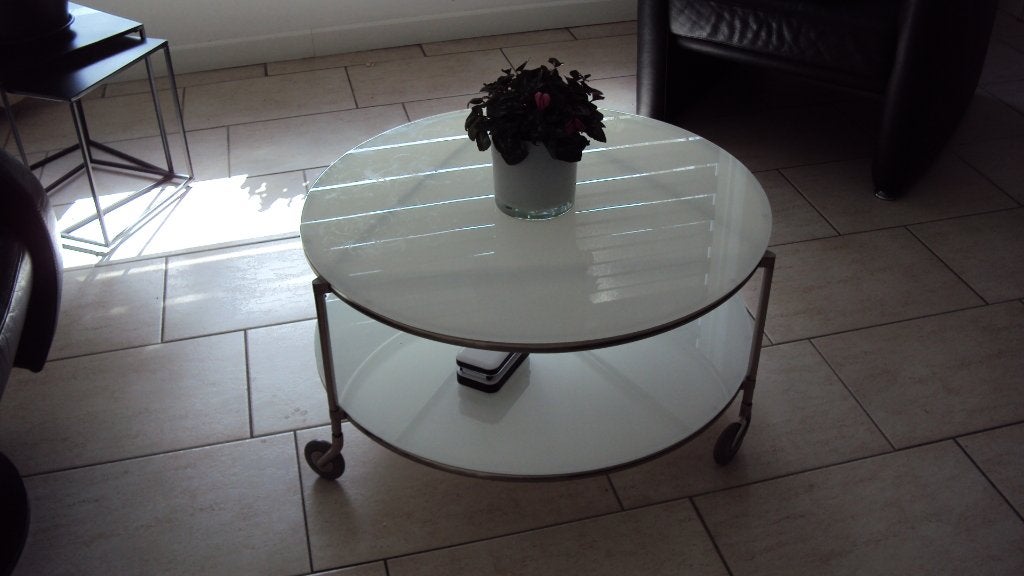 glazen salontafel op wielen, Huis en Inrichting, Gebruikt, 50 tot 100 cm, Rond, Glas