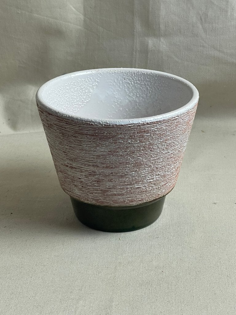 Vintage beige groen aardewerken bloempo Adco 2142, Gebruikt, Rond, Binnen, Ophalen of Verzenden