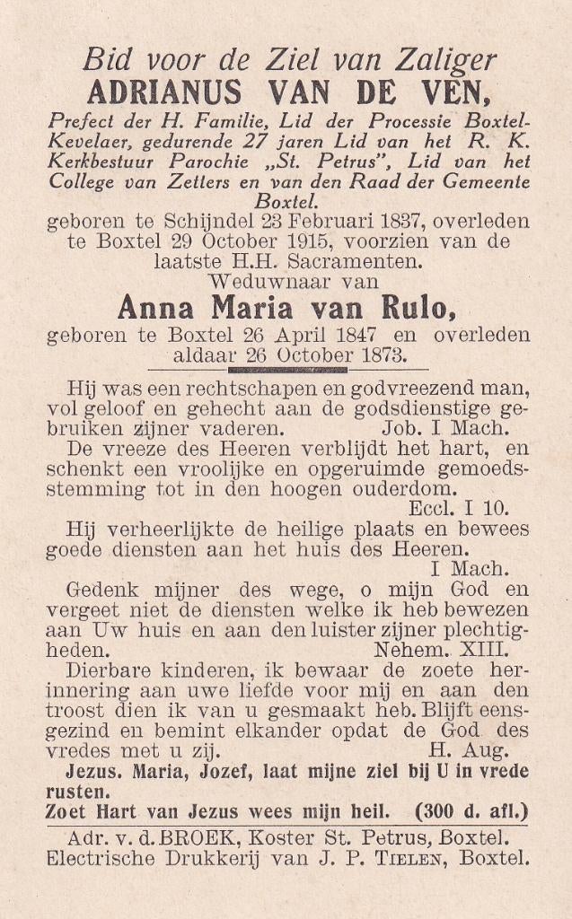 Ven Adrianus 1837 Schijndel 1915  Boxtel, Ophalen of Verzenden, Bidprentje