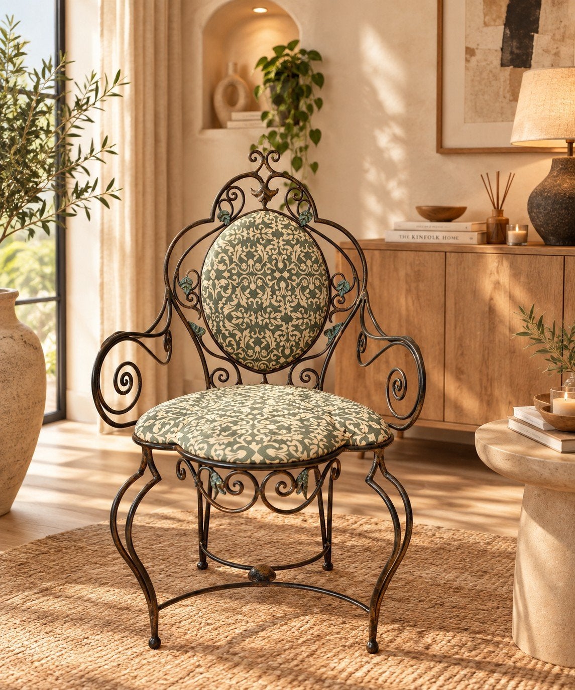 Brocante landelijke boho fauteuil - smeedijzeren stoel, Ophalen, Minder dan 75 cm, Zo goed als nieuw, Metaal
