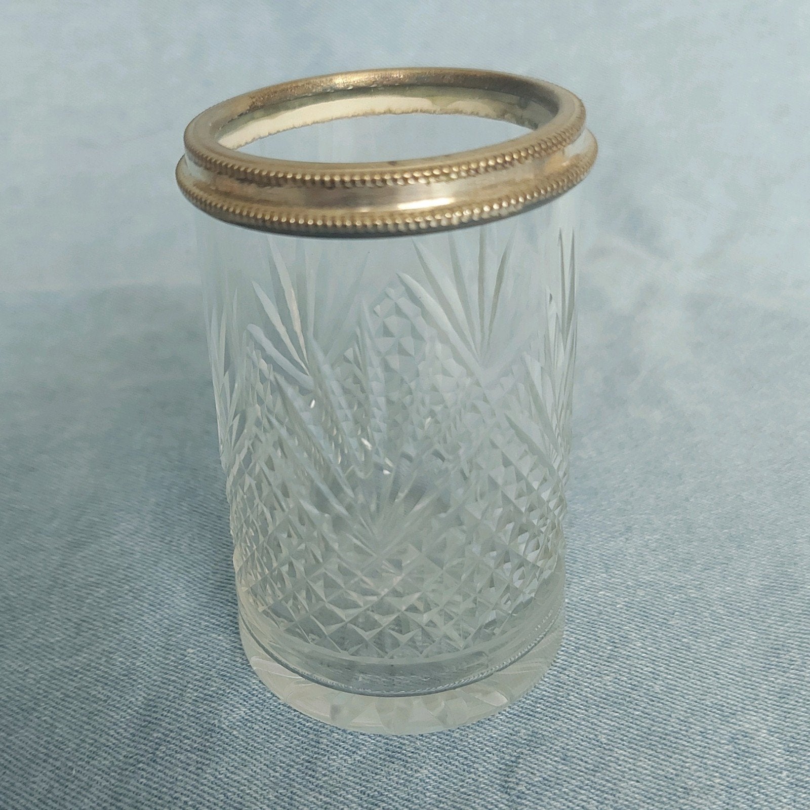 Antiek Kristallen Lepelvaasje met Zilveren Parelrand, Antiek en Kunst, Antiek | Glas en Kristal, Ophalen of Verzenden