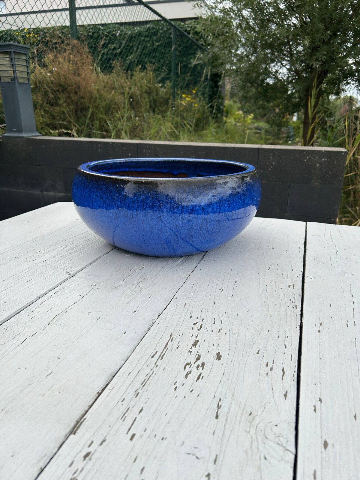 Blauwe bloempot/schaal van aardewerk, Ophalen, 40 cm of meer, Rond, Binnen