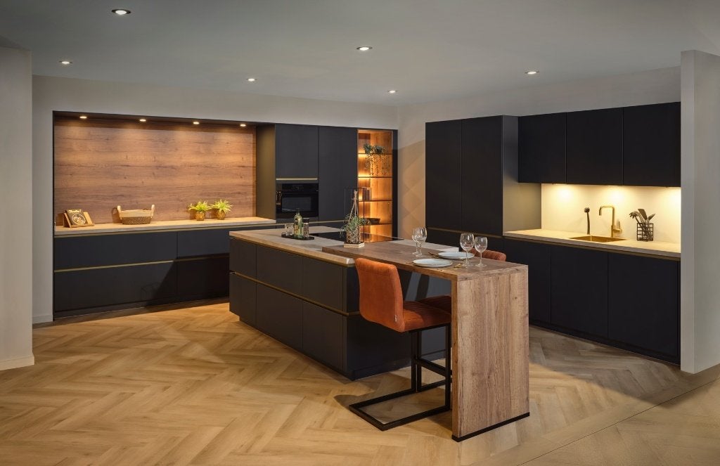 Zeer luxe en complete keuken te koop met eiland en apparaten, Ophalen, Blauw, Nieuw, Dubbelwandige keuken