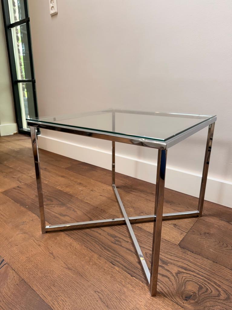 Glazen bijzettafel met RVS onderstel, Huis en Inrichting, Ophalen, 50 tot 100 cm, Vierkant, Zo goed als nieuw
