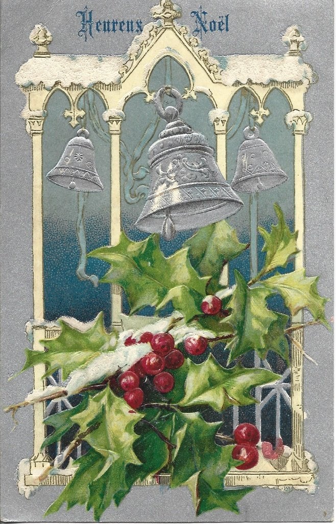 Antiek uit 1905 * Kerst *Brocante*Zilver*Klokje*Hulst*Relief, Verzamelen, Ophalen of Verzenden, Voor 1920, Gelopen, Feest(dag)