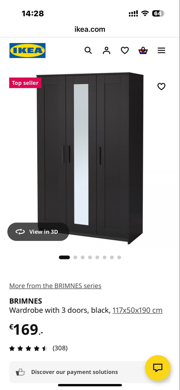 IKEA BRIMNES Kledingkast/wardrobe, zwart, 117x50x190 cm, Ophalen, Gebruikt, 100 tot 150 cm, 150 tot 200 cm