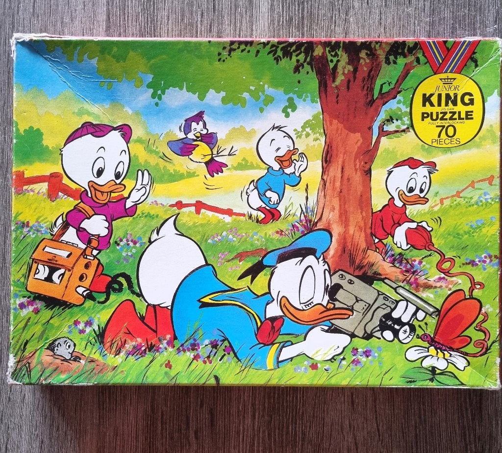 Vintage Junior King Puzzel Donald Duck 70 stukjes, Ophalen of Verzenden, Meer dan 50 stukjes, Gebruikt, 6 jaar of ouder