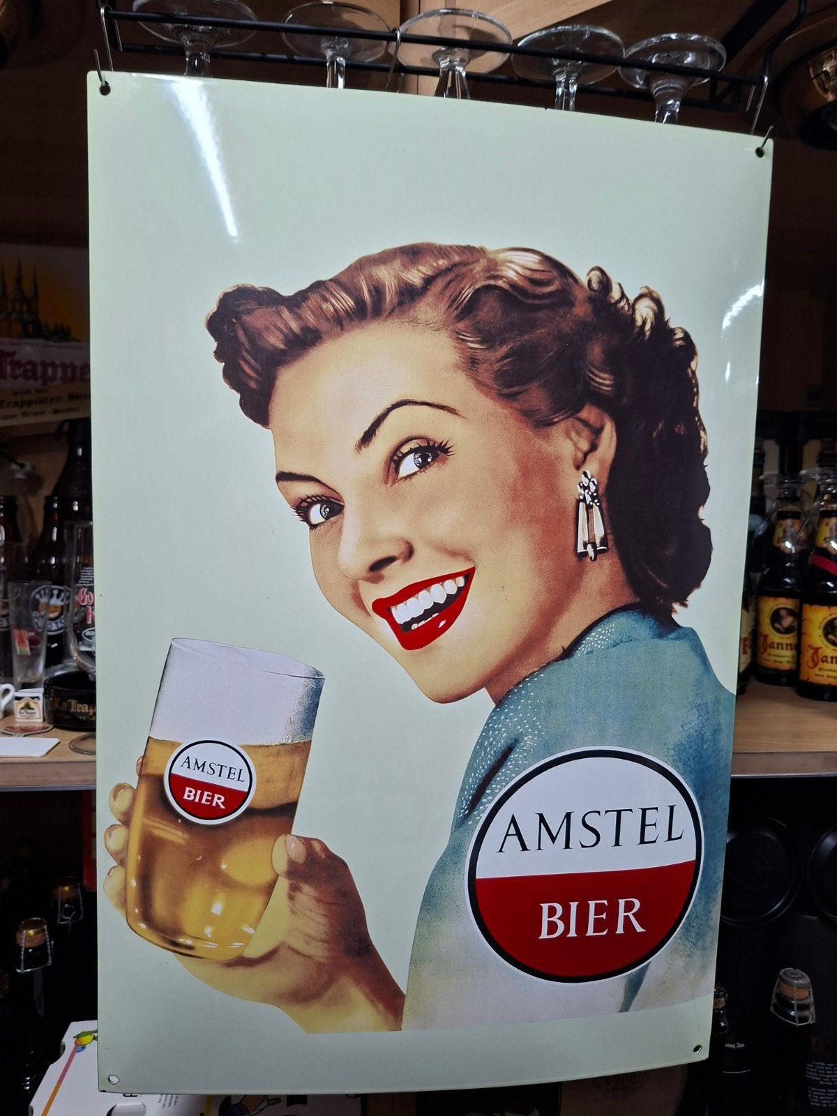 Vintage Amstel Bier Emaille Bord - Dame met Glas Bier, Ophalen