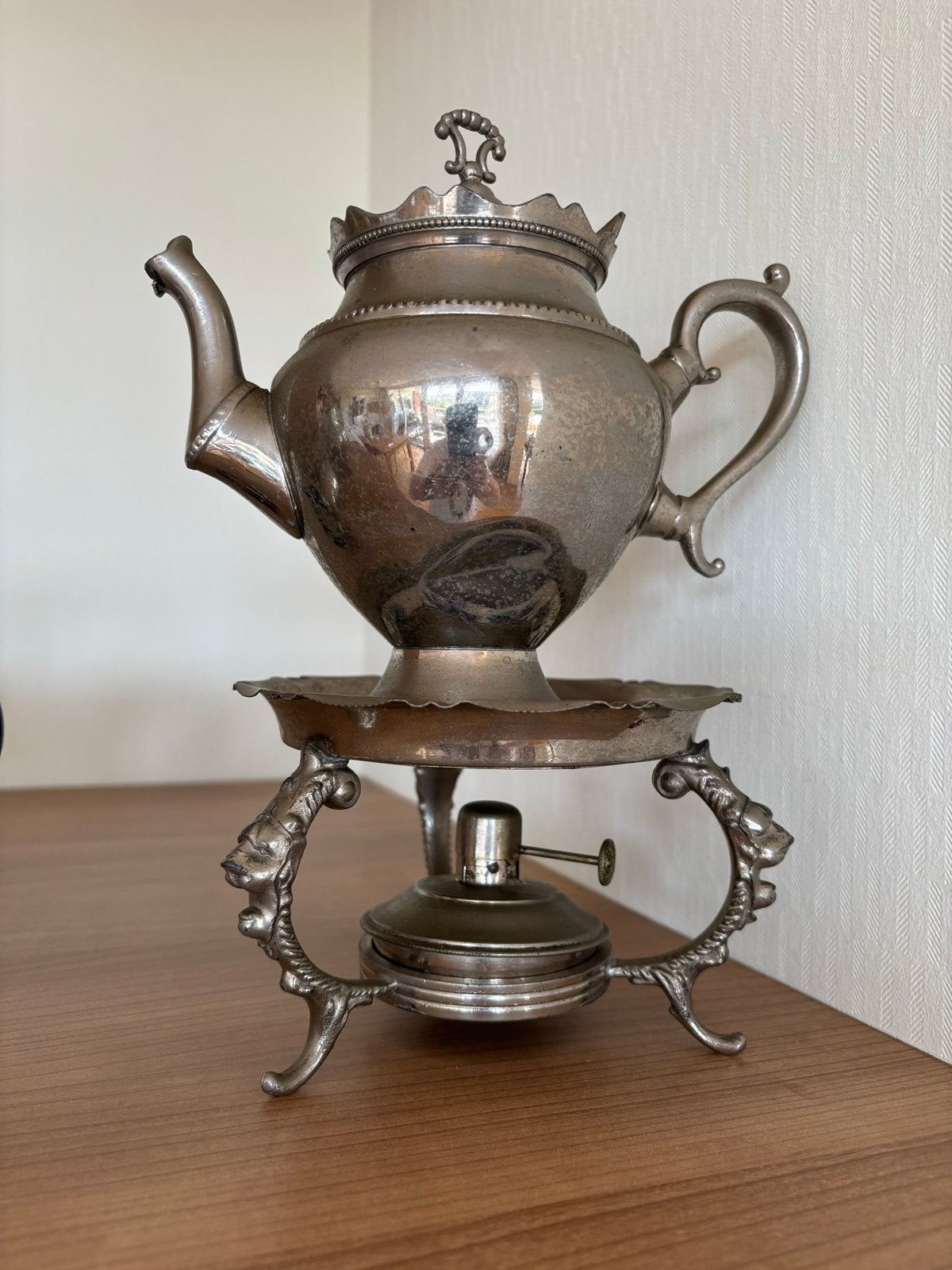 Antieke tinnen koffie/thee kannen set met onderstel, Ophalen of Verzenden