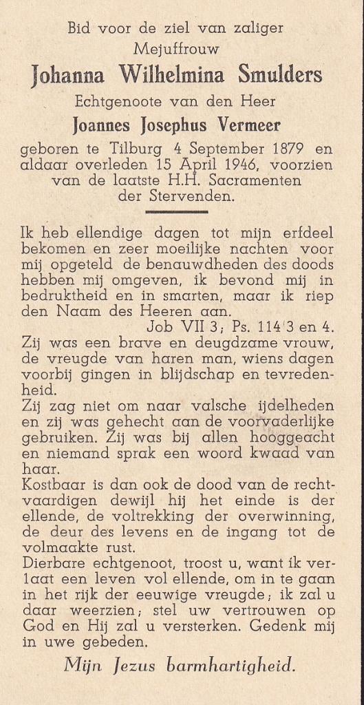Smulders Johanna 1879 Tilburg 1946, Ophalen of Verzenden, Bidprentje