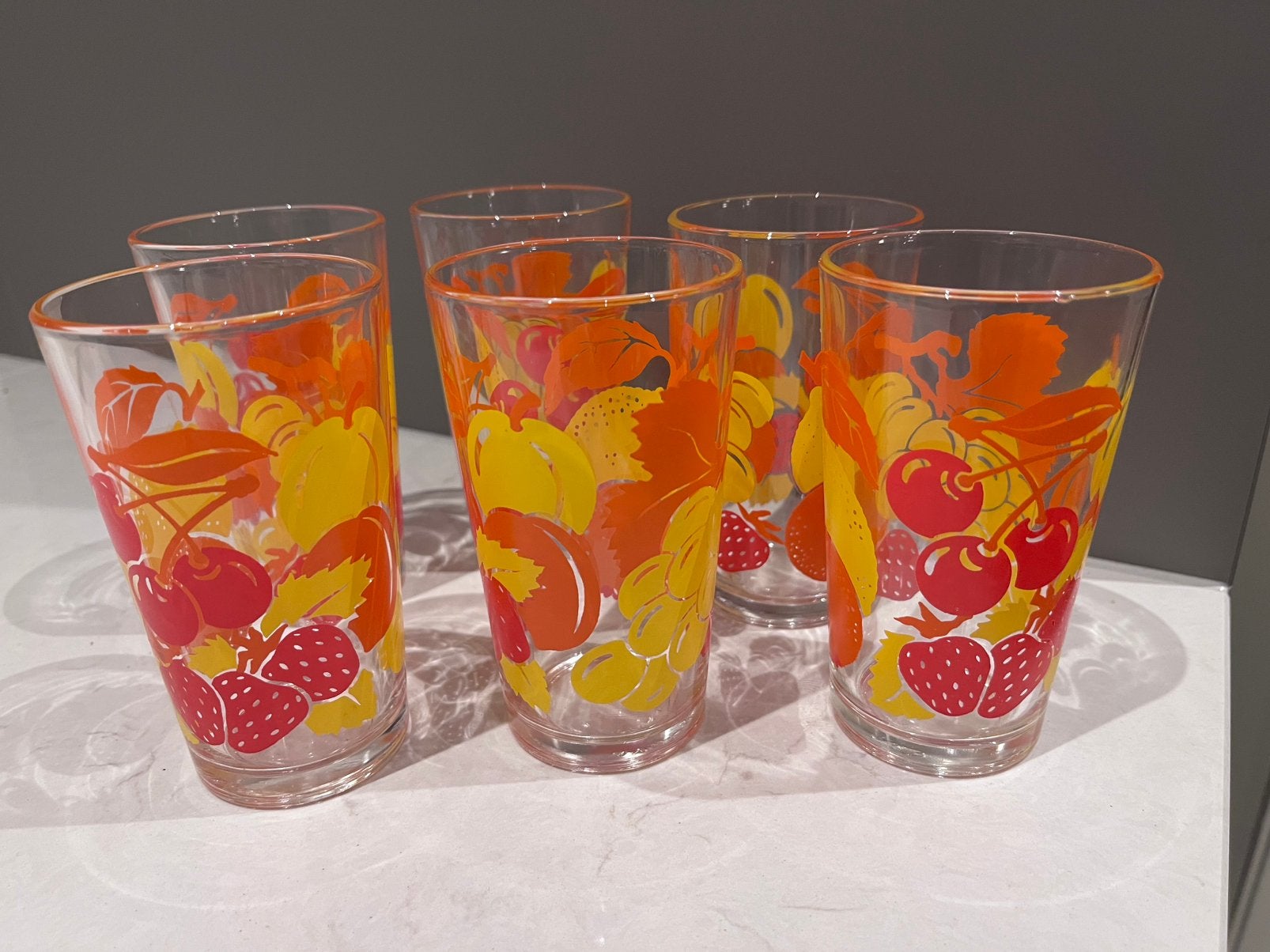 Set van 6 retro vintage glazen fruitmotief, Verzamelen, Retro, Ophalen, Huis en Inrichting