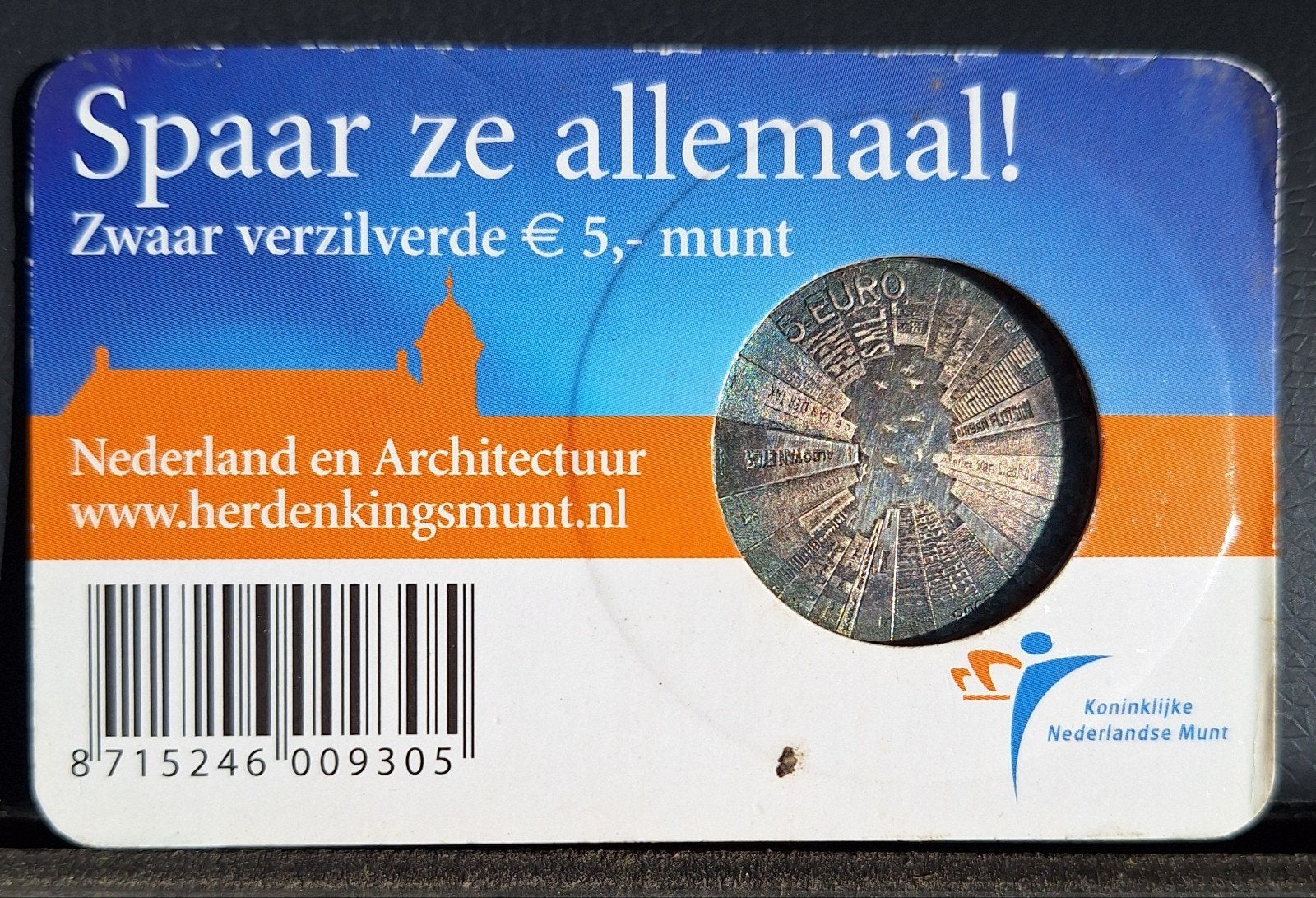 Het Architectuur Vijfje 2008 - Zwaar Verzilverde €5 Munt, Koningin Beatrix, Zilver, Euro's, Ophalen of Verzenden