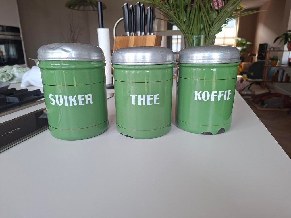 Emaille voorraadbussen groen, Antiek en Kunst, Antiek | Emaille, Ophalen of Verzenden