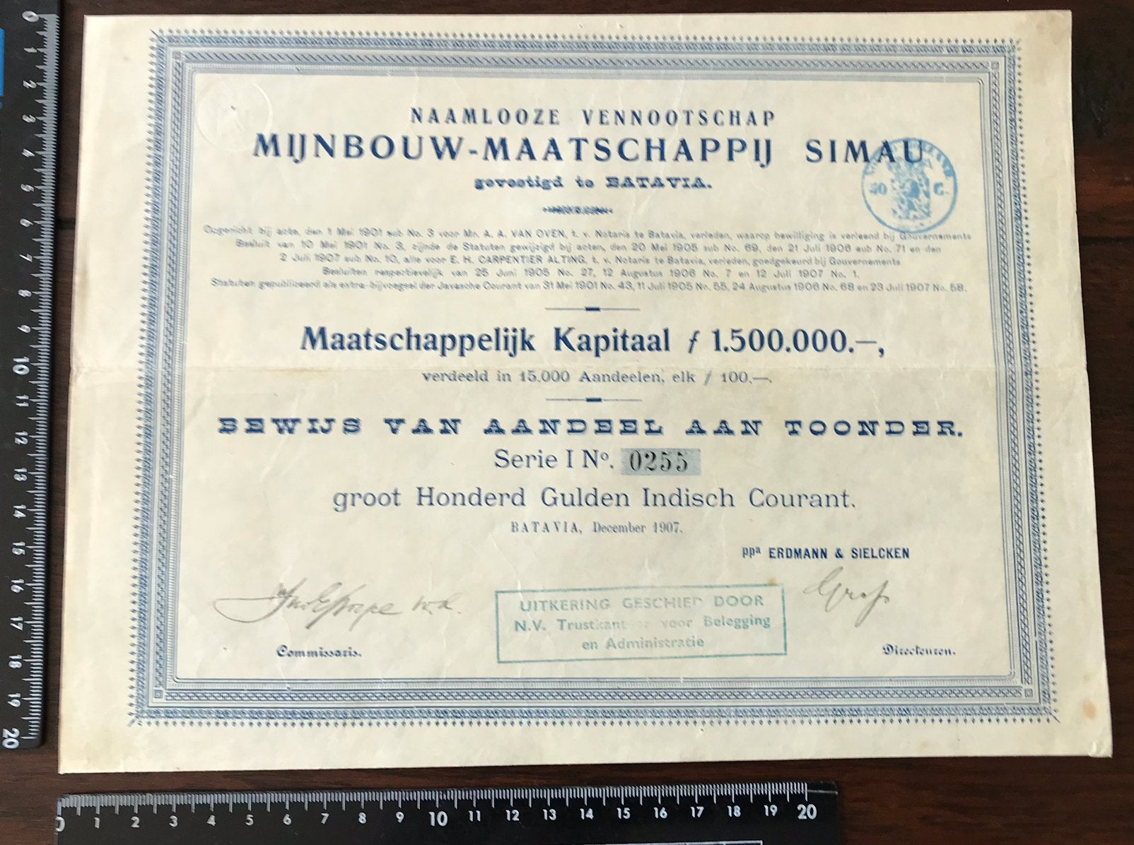 Oude Aandeel 1907 Ned.Indië Batavia Mijnbouw, Ophalen of Verzenden, Zo goed als nieuw, Overige typen
