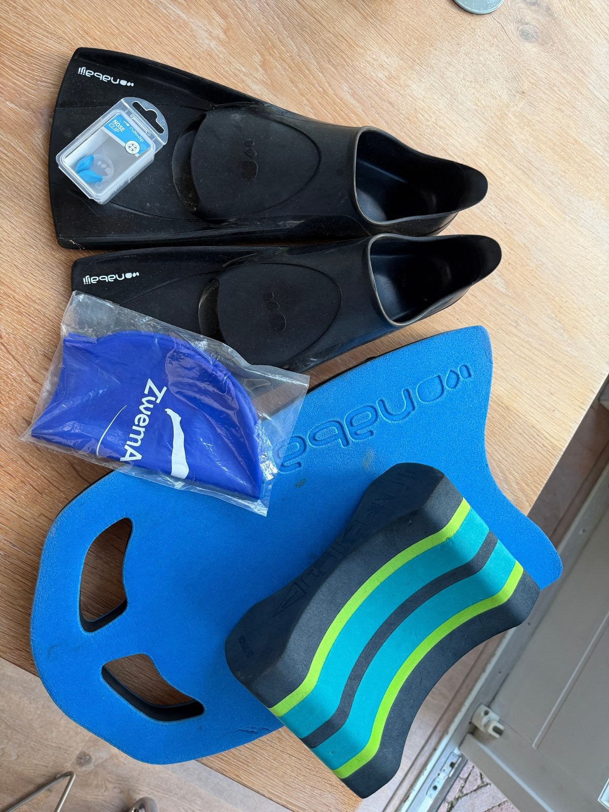 Zwemvliezen, zwemplank en zwemmuts - complete set, Watersport en Boten, Ophalen, Gebruikt, Zwem- of Duikvliezen