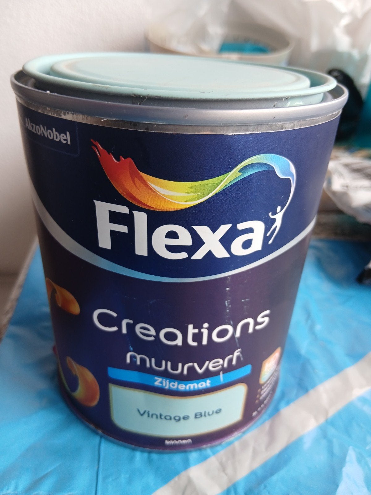 Flexa Creations Muurverf Zijdemat Vintage Blue 1 liter, Blauw, Nieuw, Ophalen of Verzenden, Verf