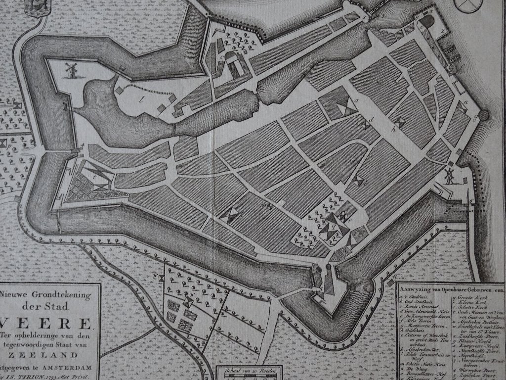 ets grondtekening plattegrond stad Veere, Tirion 1753, Cartografie, Origineel, 1700 - 1799, Verzenden