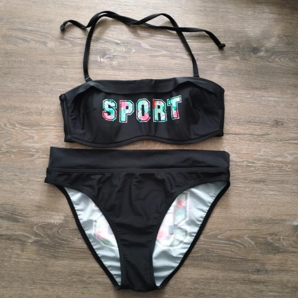 Wehkamp bikini zwart met opdruk mt 40, Zwart, Ophalen of Verzenden, Zo goed als nieuw, Bikini
