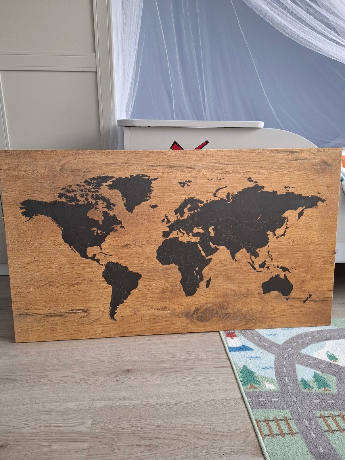 Houten Wereldkaart Wanddecoratie 105x60 cm, Ophalen, Zo goed als nieuw, Hout, Wandbord of Wandpaneel