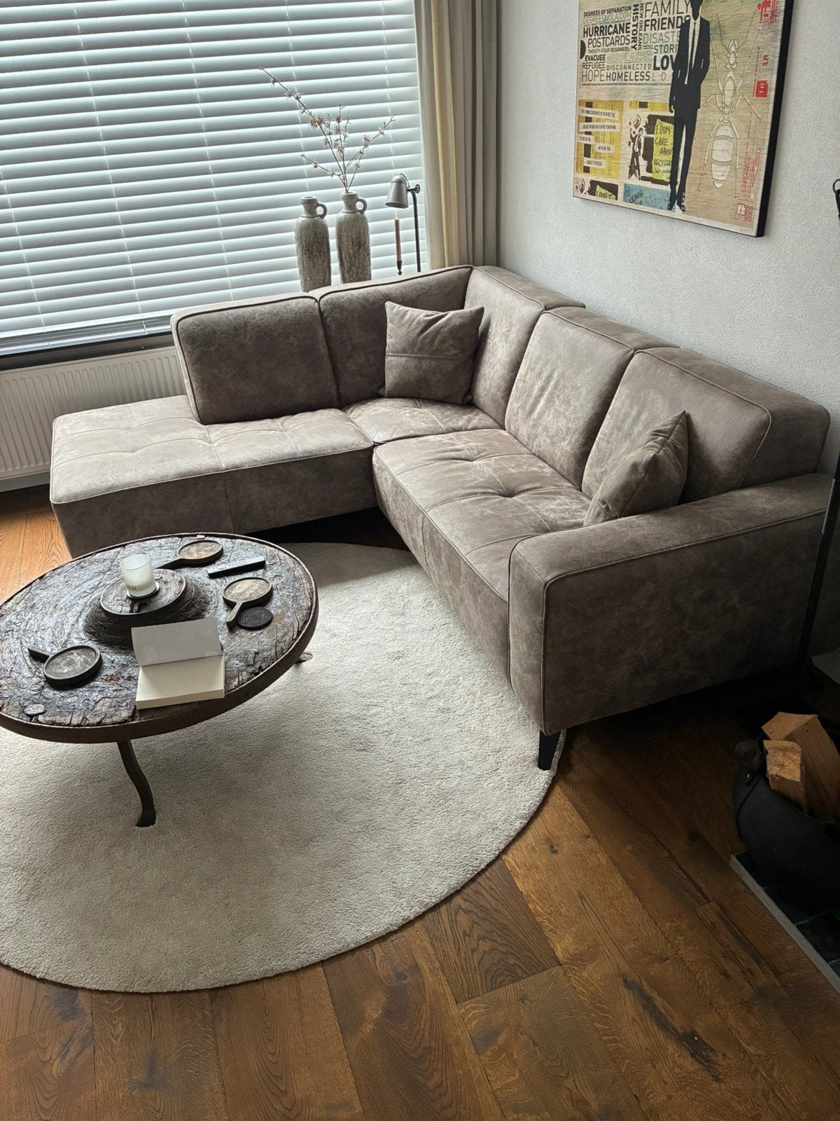 Hoekbank type Freeman, Taupe/Leverkleur, Ophalen, Zo goed als nieuw, Leer