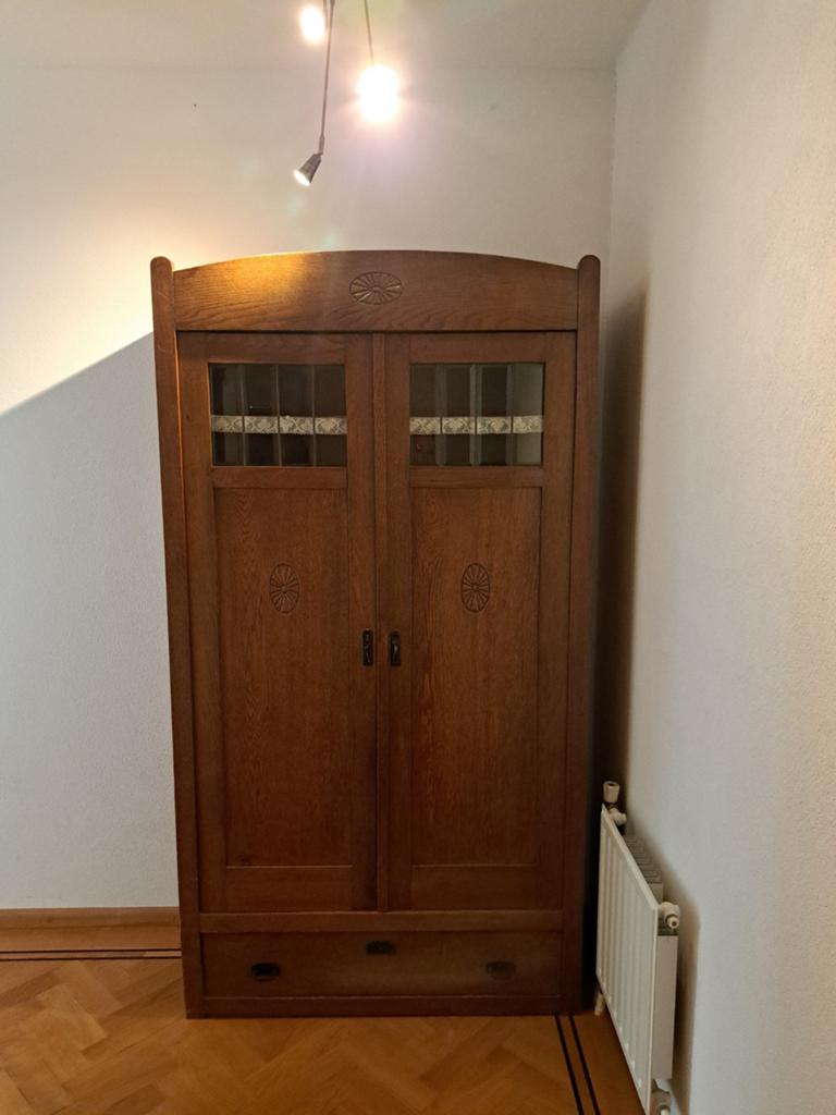 Antieke linnenkast met facetglas 2 deuren en lade, Ophalen