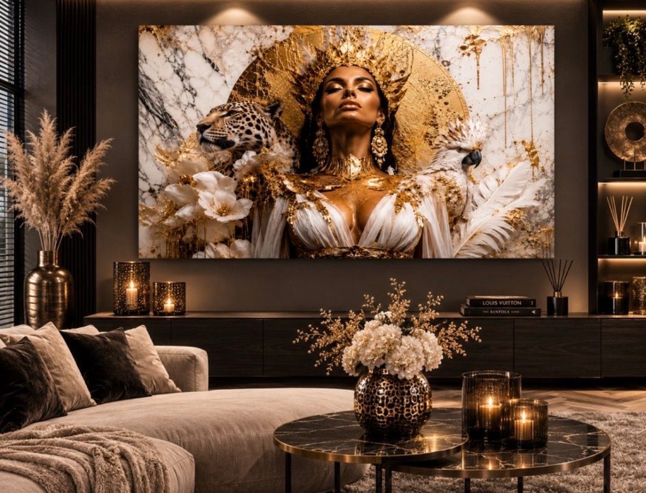 Luxe Plexiglas Schilderij: Gouden Godin met Luipaard, Ophangklaar, Figuren, Kunststof, Ophalen of Verzenden