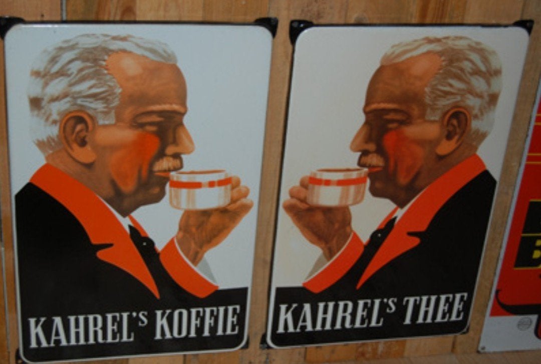 Gezocht; emaille reclamebord Kahrels Thee, Verzamelen, Ophalen of Verzenden, Gebruikt, Reclamebord