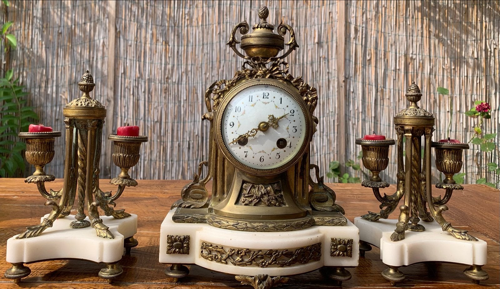 Antieke Franse pendule met kandelaars, brons en marmer, Antiek en Kunst, Ophalen of Verzenden