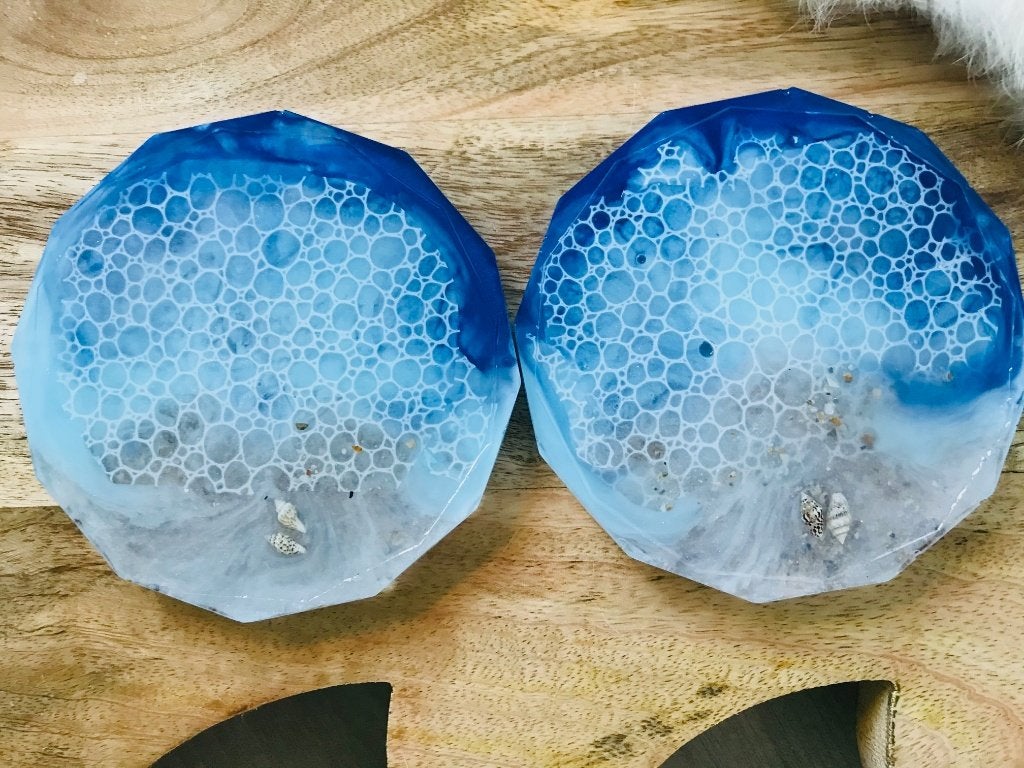 Uniek Zee Oceaan strand blauw onderzetter schelpen Epoxy art, Ophalen, Glasonderzetter, Handgemaakt, Blauw