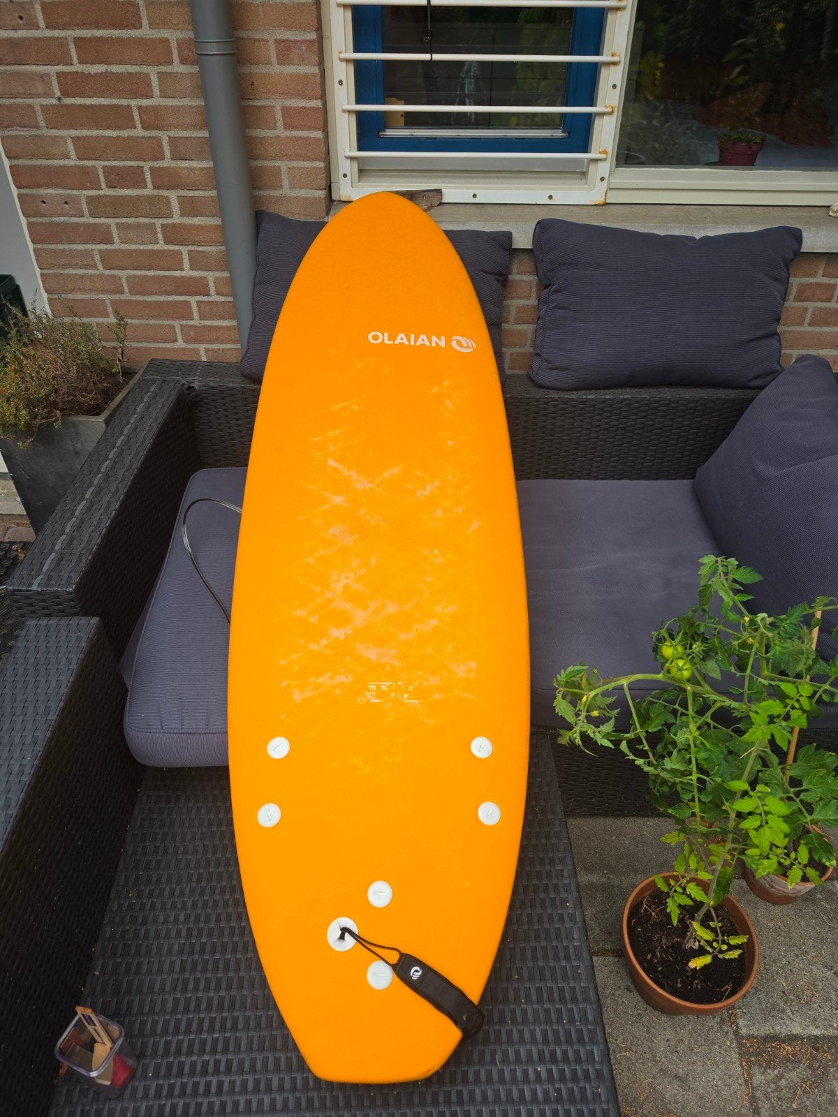 Olaian Softboard 6' Oranje Surfplank met Vinnen en Koord, Ophalen of Verzenden, Zo goed als nieuw, Funboard, Met koord