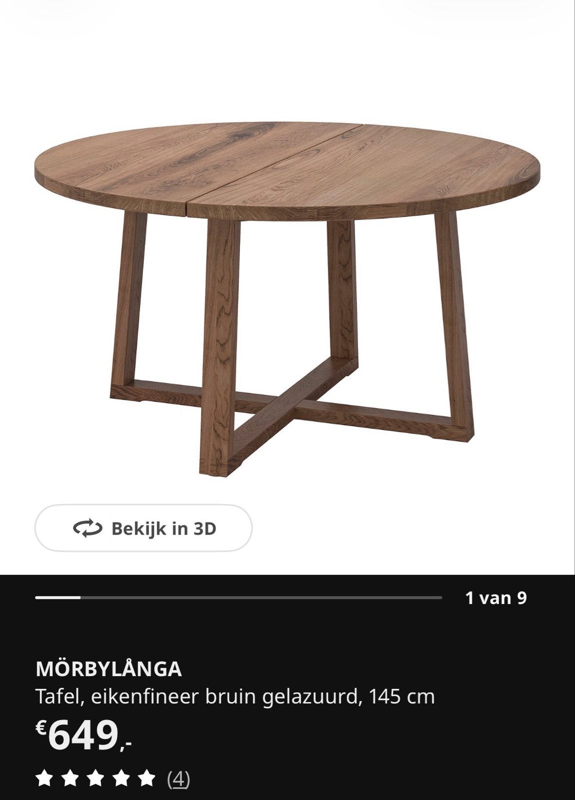 Ronde eikenfineer eettafel Mörbylånga (Ikea), Huis en Inrichting, Ophalen, 100 tot 150 cm, Zo goed als nieuw, Vier personen