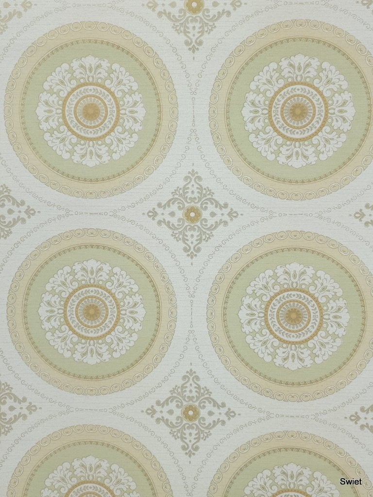 4977 medaillon behang groen geel chique retro klassiek 70s, Ophalen of Verzenden, Groen