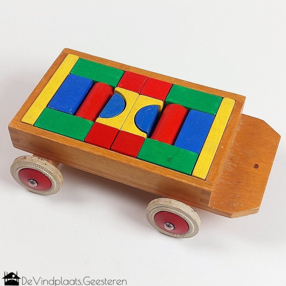 Vintage houten trekkar met bouwblokken, Ophalen of Verzenden