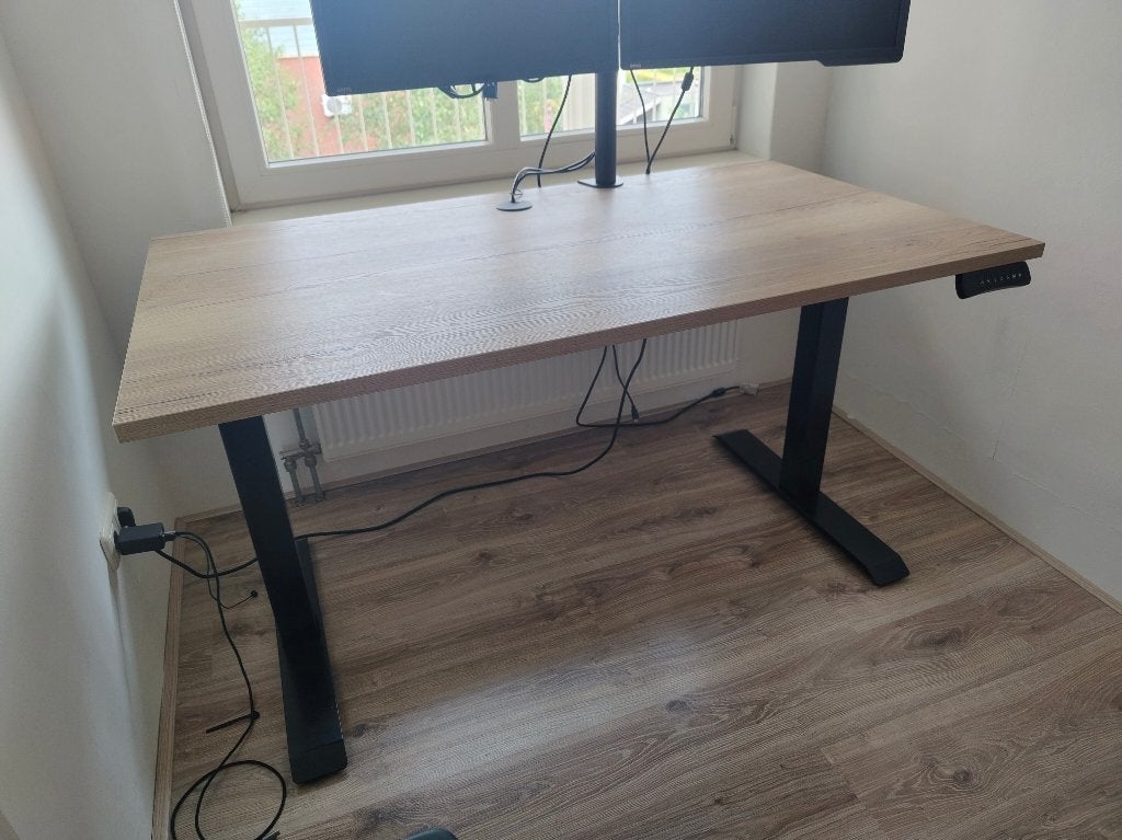 Elektrisch zit-sta bureau - 140x80 eiken/zwart, Ophalen, Zit-sta bureau, Hout, Kabelgoot