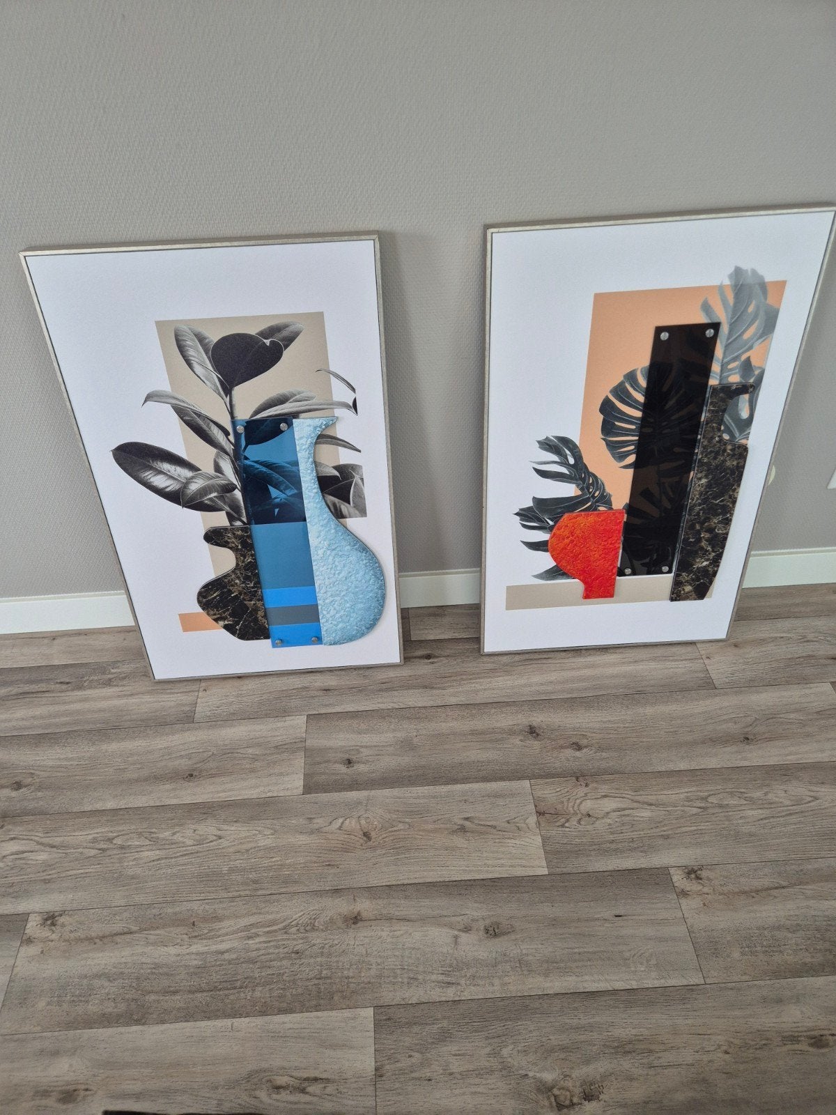 Set van 2 moderne abstracte kunstwerken met plantmotieven, Antiek en Kunst, Ophalen, Papier/karton, Collage, Ingelijst