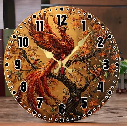 Ronde wandklok van hout phoenix op een boom (25cm), Ophalen of Verzenden, Nieuw, Wandklok