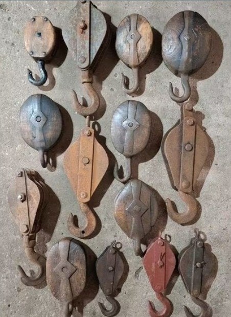 Oude antiek vintage katrol hijsblok houten metalen botter, Ophalen of Verzenden