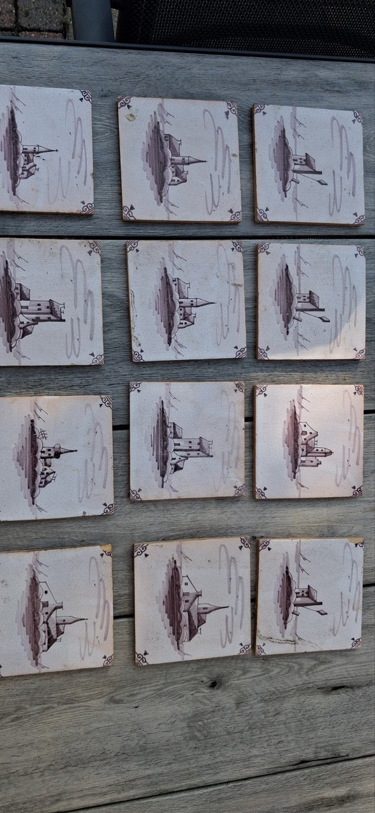 12 Antieke Tegeltjes met Landschap en Gebouwen, Ophalen