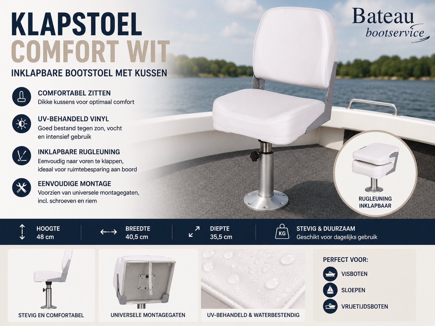 Bootstoel wit neer klapbaar, Info@bateaubootservice.nl, Overige typen, Nieuw, Ophalen of Verzenden