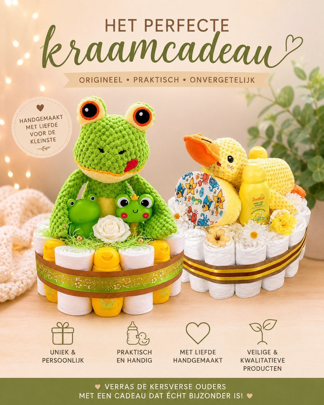 Uniek Kraamcadeau: Kikker of Eend Luiertaart met Zwitsal, Ophalen of Verzenden, Nieuw