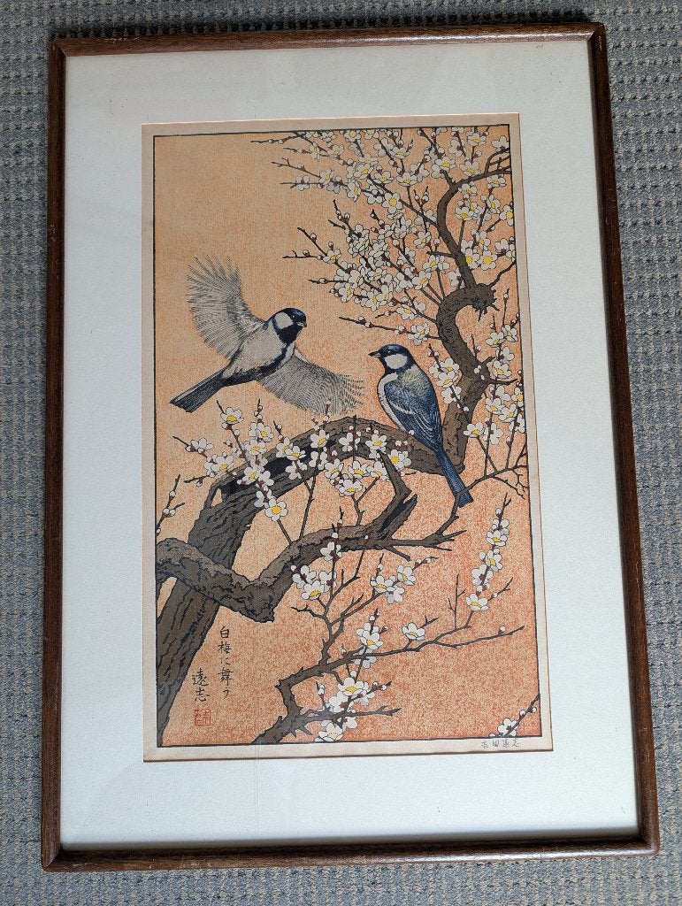Vintage Japanse Toshi Yoshida Houtblokprent met certificaat, Overige stijlen, Gesigneerd, Overige technieken, Dieren
