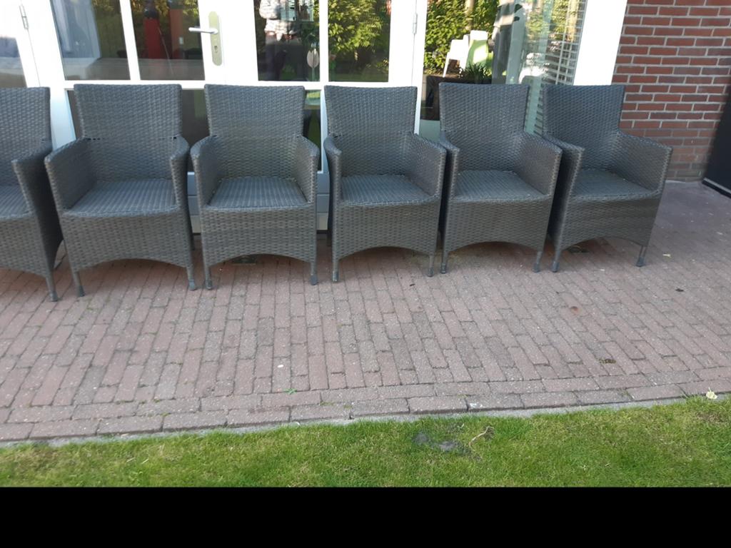 6 gevlochte antraciet tuinstoelen met zit kussens, Ophalen, Zo goed als nieuw, Kunststof