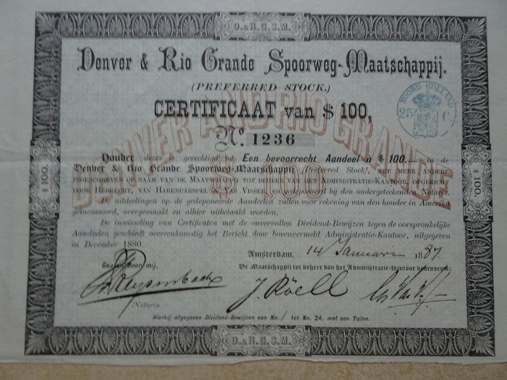 Denver & Rio Grande Spoorweg Maatschappij. Amsterdam 1887, Ophalen of Verzenden, Voor 1920, Aandeel