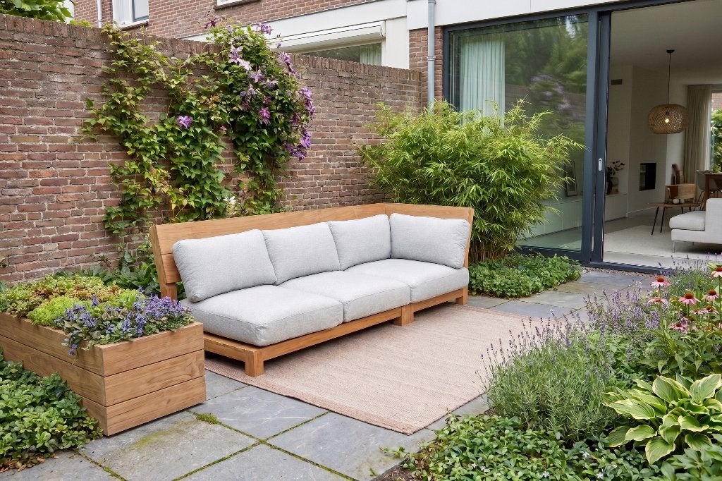 Outlet: Teak houten bank met Sunbrella kussens, Ophalen, Zo goed als nieuw, Teakhout