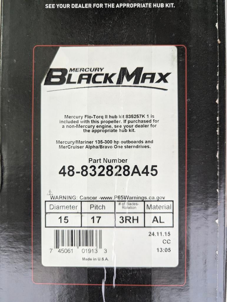 Nieuwe Mercury Black Max Propeller 15x17 R incl Flo-Torq Hub, Ophalen of Verzenden, Nieuw, Motor en Techniek, Motorboot
