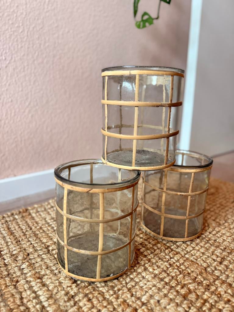 Set van 3 glazen rotan windlichten, Overige materialen, Gebruikt, Overige kleuren, 50 tot 75 cm